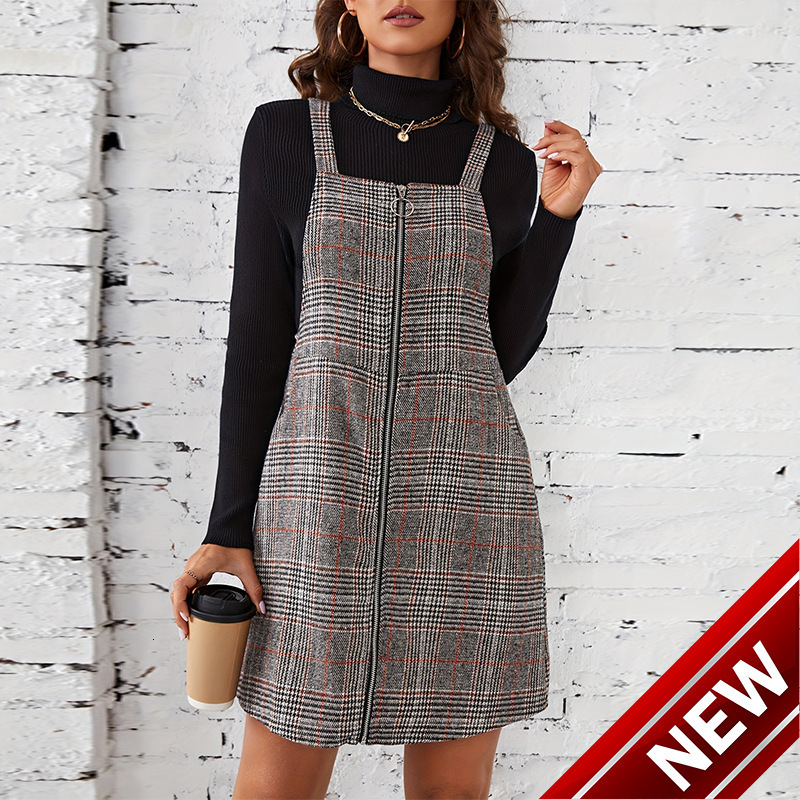 Womens 2025 Spring/Summer Dress Checkered Strap Skirt Zipper cardigan A-line Skirt