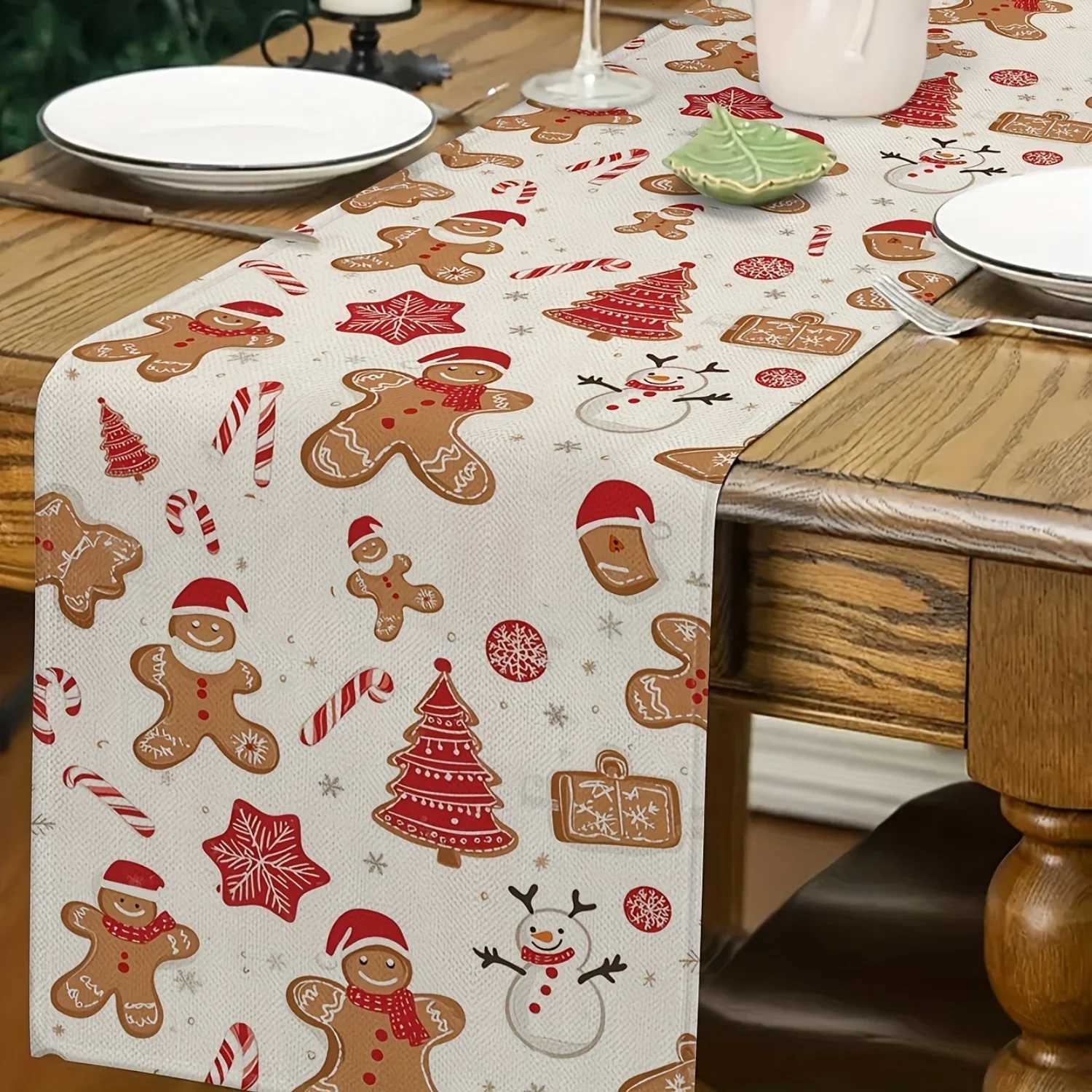 Christmas 1pc Christmas Table Runner with Gingerbread Design Polyester Material Machine Washable Multiple Sizes Available Y251113