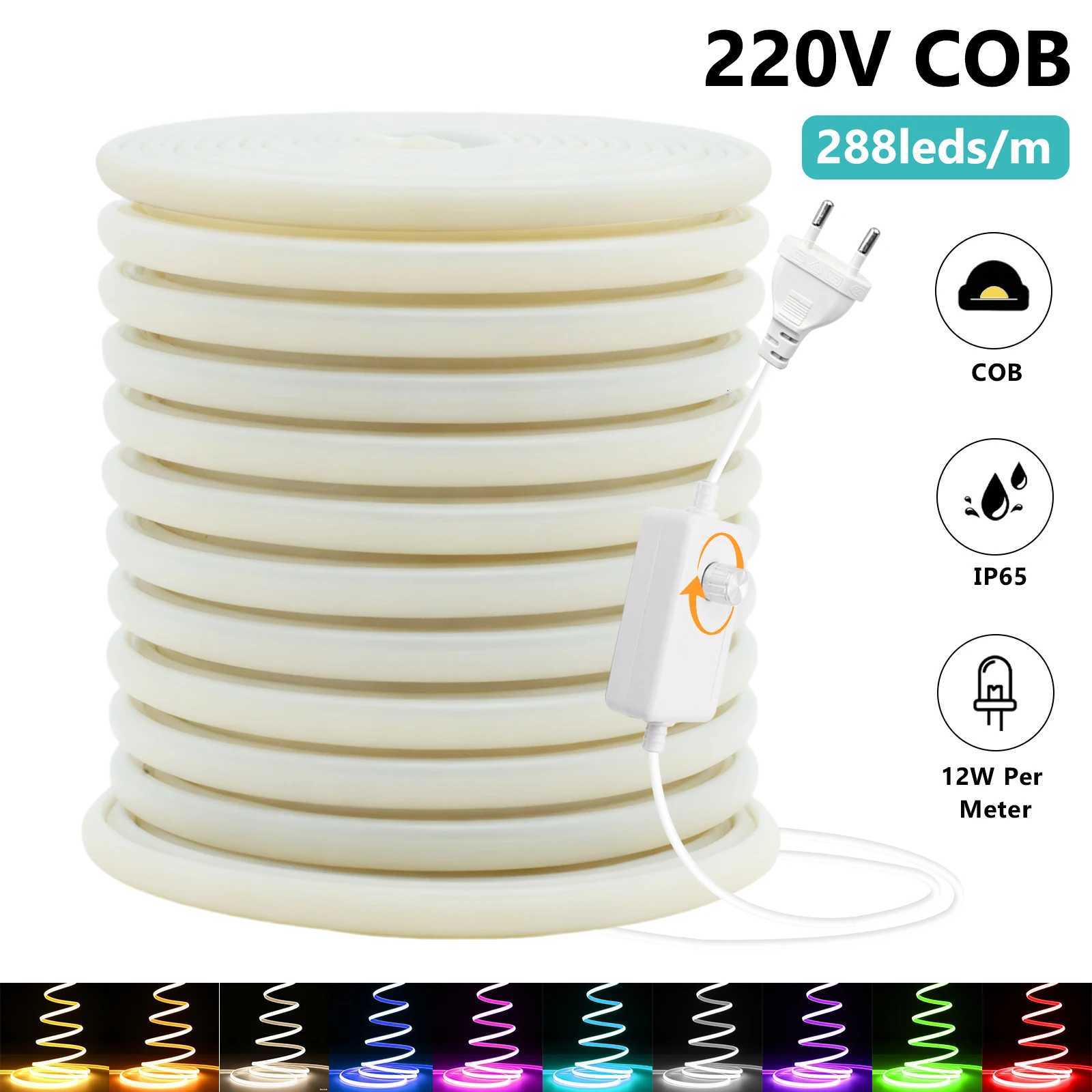 220V COB LED Light Strip IP65 Waterproof Ribbon Tape With EU Dimmer Switch Plug Flex FOB Neon Strips For Home Garden Lighting W251112