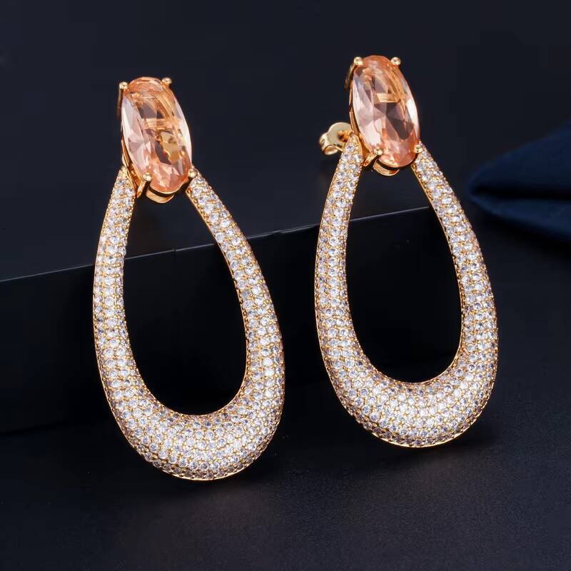 Hot Selling High-End AAA Zircon Gold Charm Geometric Drop Hollow Ear Jewelry Trendy Brass Hoop Earrings for Parties Gift