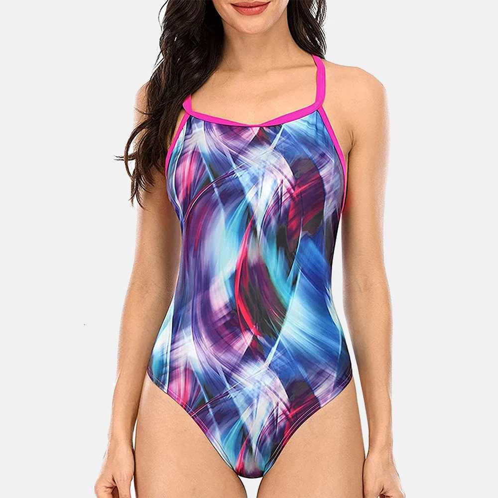 Anfilia One Piece Women Sports Swimwear gradient color Sports Swimsuit Watercolor Print Monokini Bikini Beach Slim Bathing SuitW251113