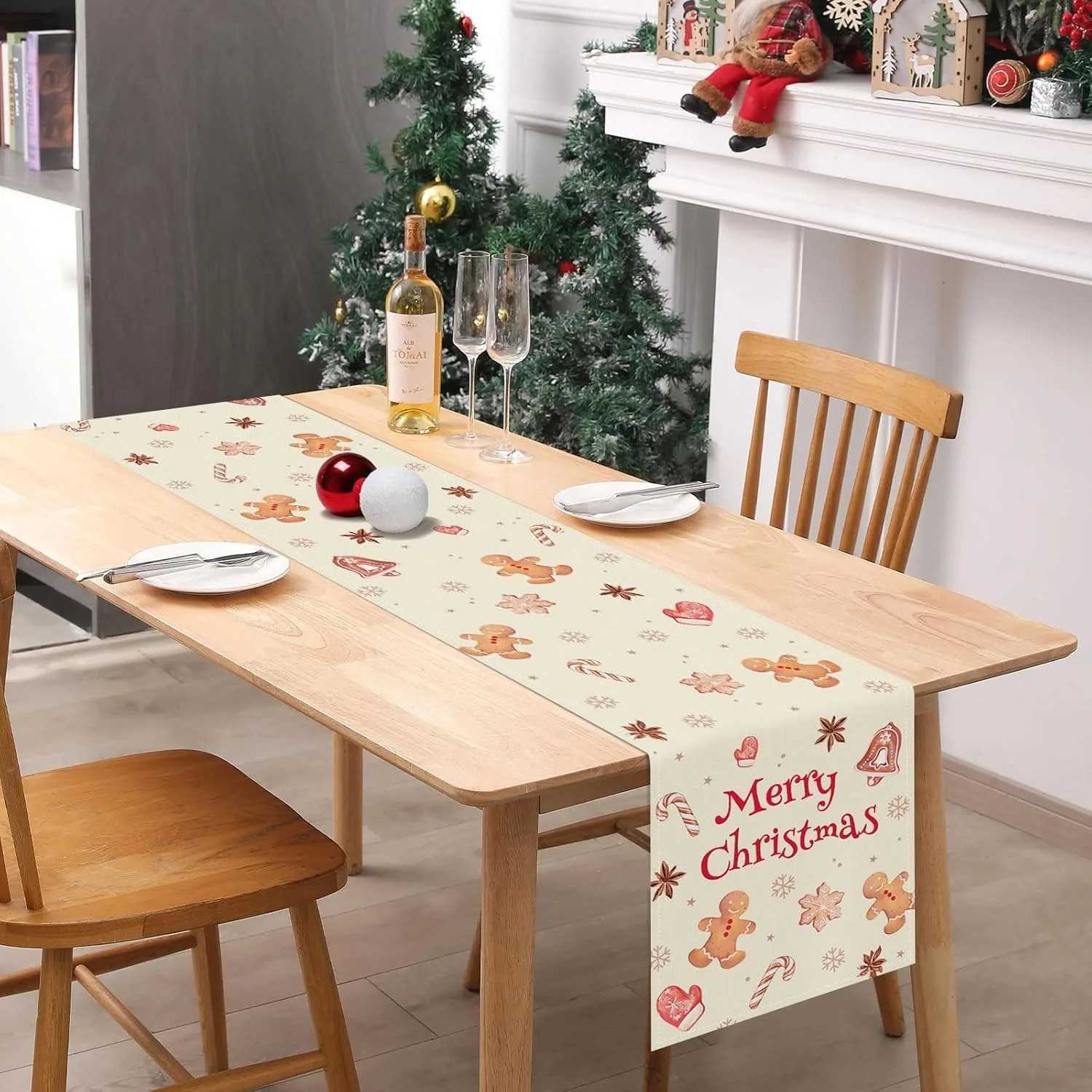Christmas Festive Merry Christmas table flag Adorned with Gingerbread Candy Canes Bells New Year home party decoration Y251113