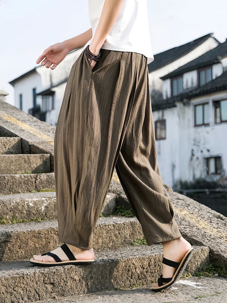 Ice silk casual linen pants mens oversized Chinese summer wide leg pocket sports pants mens outdoor sports harem Trouser 250410