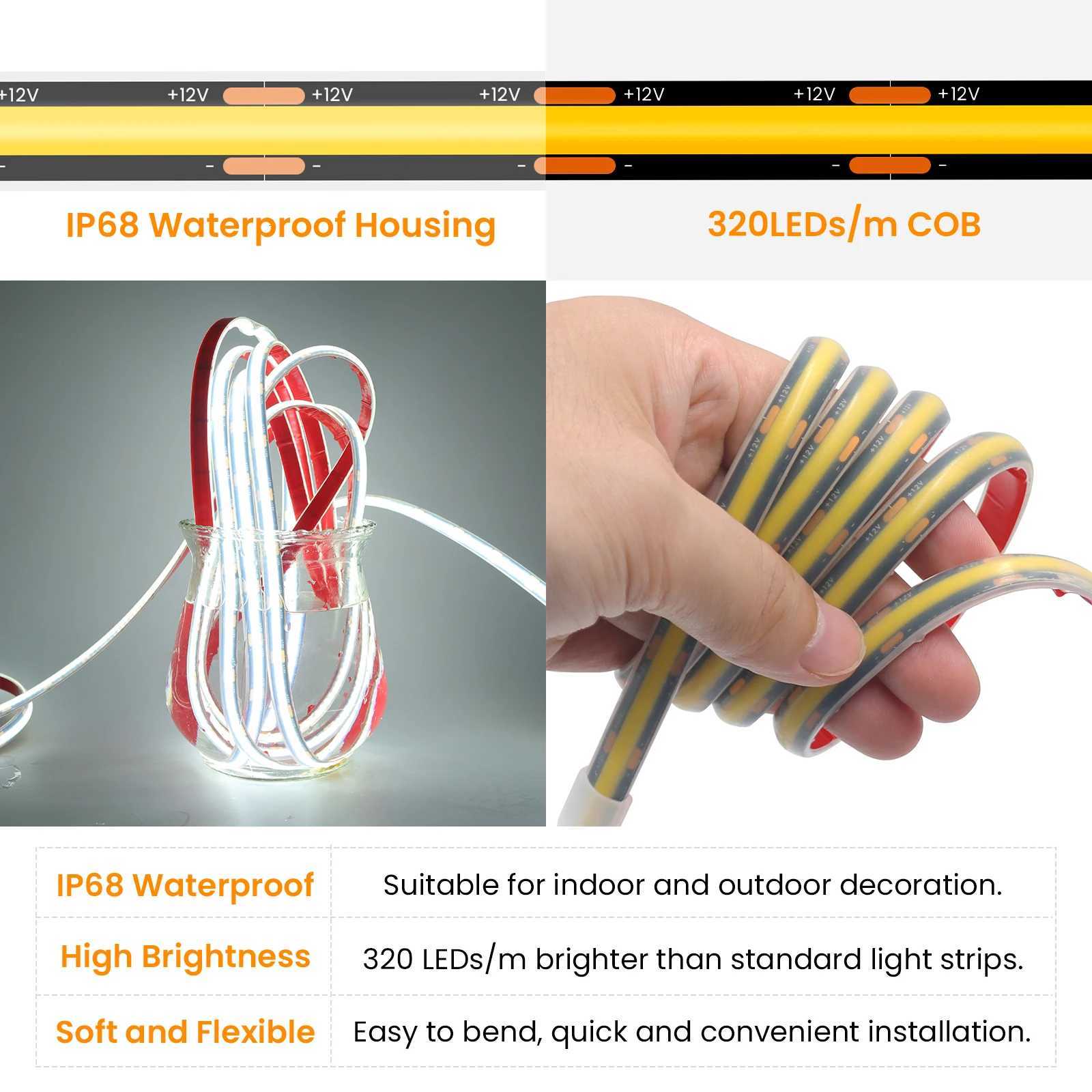 12V 24V COB LED Strip Light 320LEDs/m IP68 Waterproof Flexible Ribbon Tape for Home Garden Decor Lighting EU/US/UK Plug Kit W251112