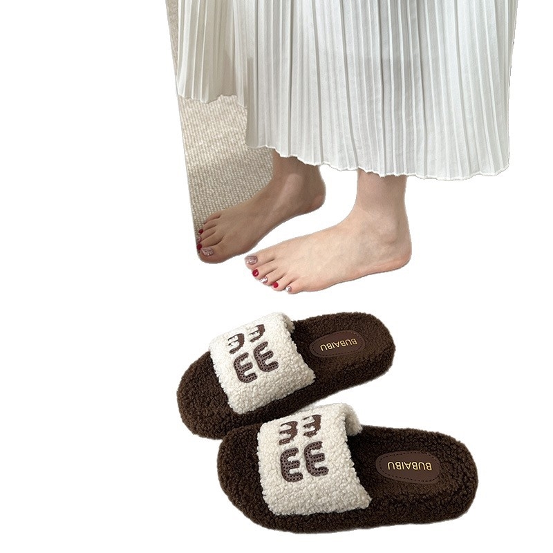 Designers new autumn and winter plush fashionable letter home cotton slippers for women wearing thick soled plush slippers 36-41