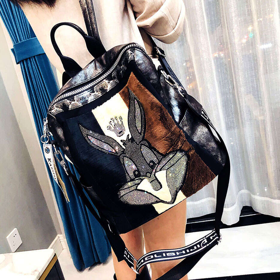 Backpack Card Rabbit Hair Autumn/Winter New Large Capacity Versatile Women's Backpack Leather Stylish Shoulder Bag