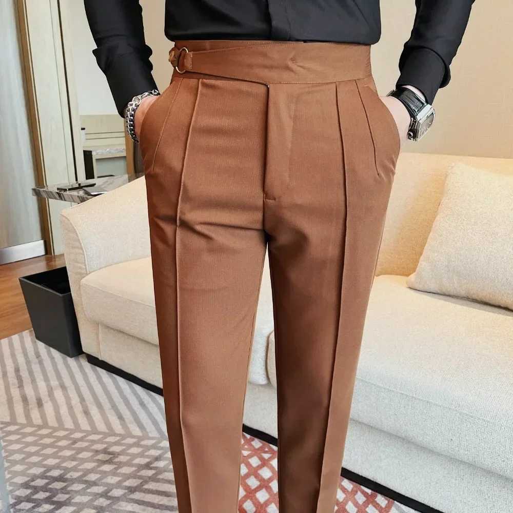 High waisted mens pants 2024 autumn British style ultra-thin fit solid business casual formal dress mens clothingXJ250412