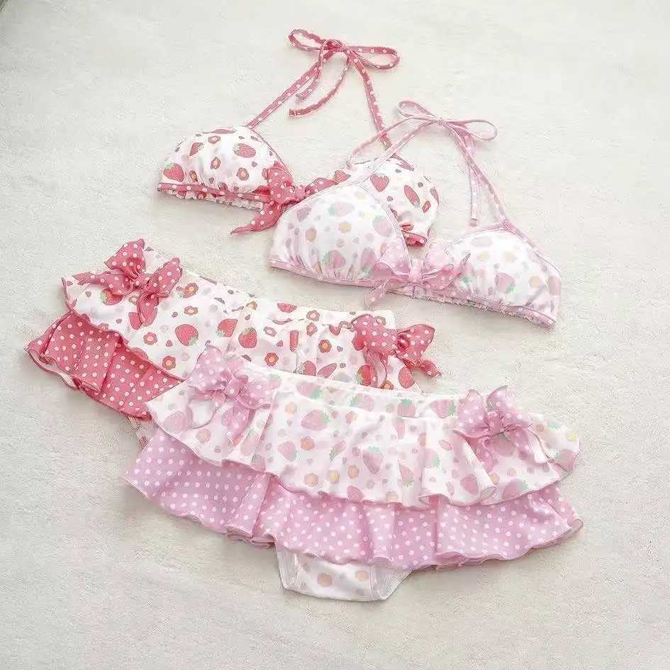 Japanese Style Kawaii Girls Swimsuit Sweet Printed Halter Bikini Swimsuit Women Ruffle Bikini Set Bather Bathing Suit SwimW251113