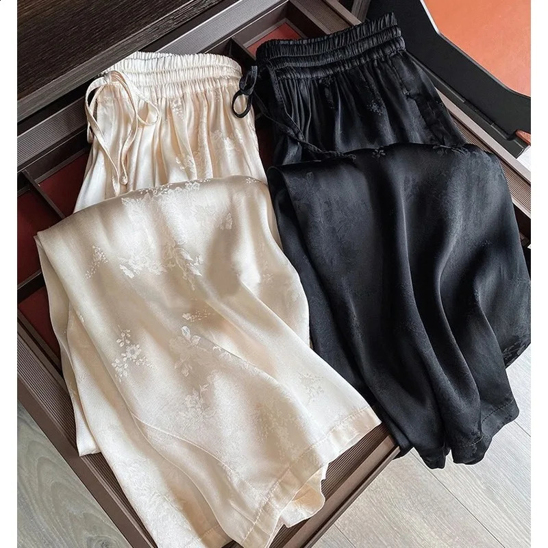 Acetate satin wide leg pants for women in summer silk casual sun protection chiffon floral Chinese style ethnic style pants 250410