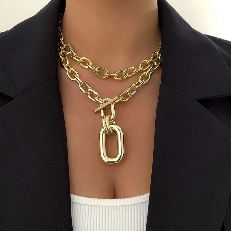 Exaggerated Gold Color Big Elliptical Pendant Necklace for Women Punk Hip Hop Metal Chunky Chain OT Buckle Necklace Jewelry Gift 251113
