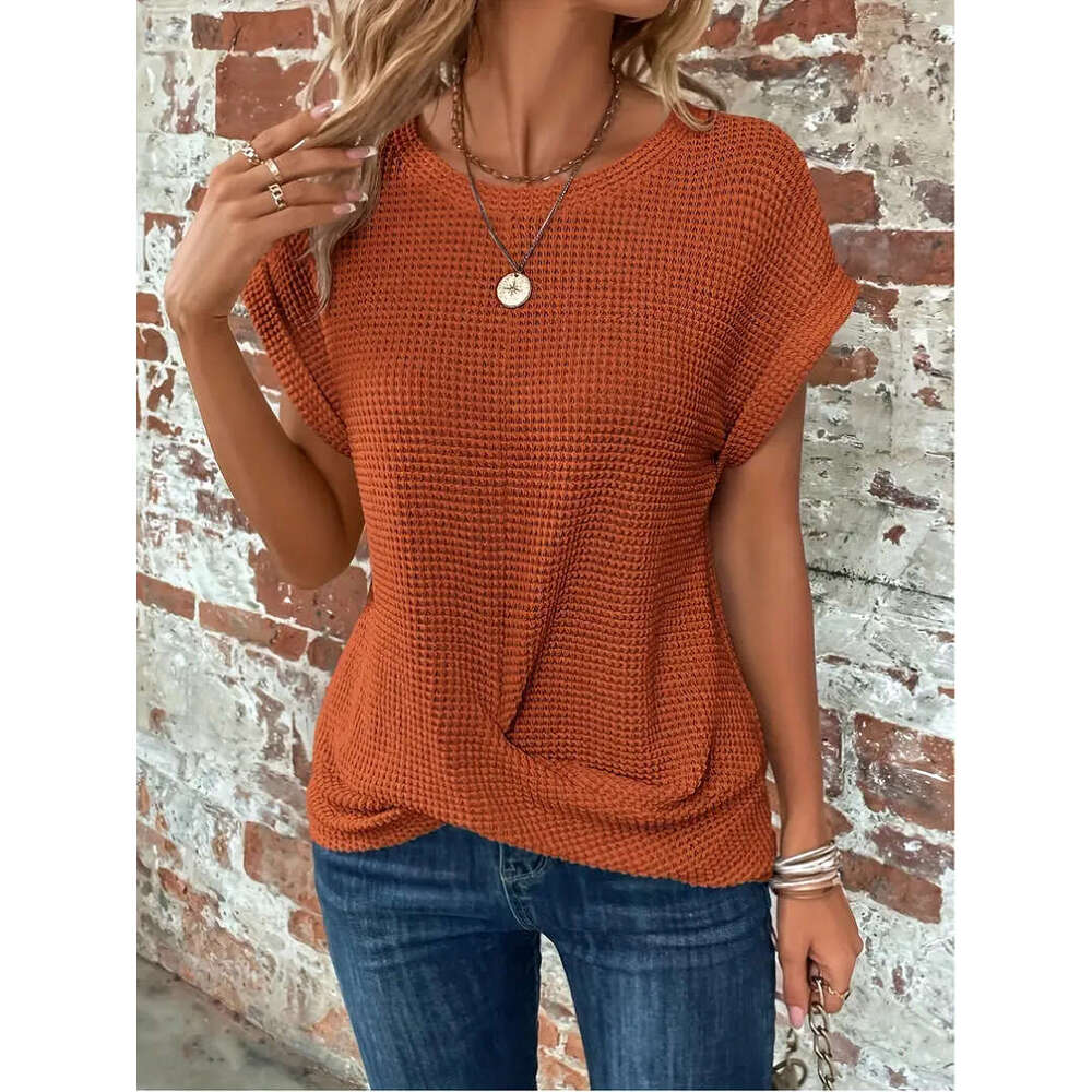 2025 Spring/Summer New Solid Color Round Neck T-Shirt Elegant Short Twisted Top Women's Wear