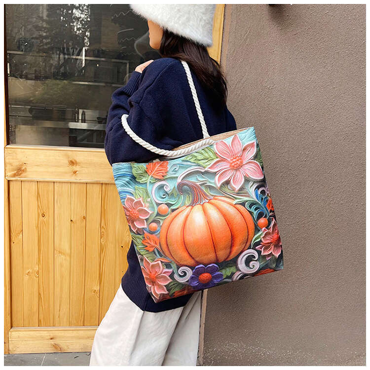 Women's double-sided embroidered canvas shoulder bag fashionable linen cotton rope simple handbag