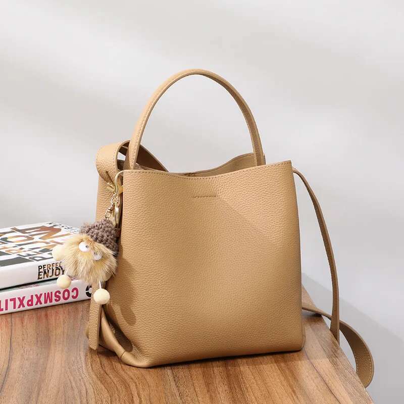 2025 New Fashion Coffee Bucket Tote Small Cowhide Leather Women Shoulder High Quality Summer Female Hand Bag With Charm