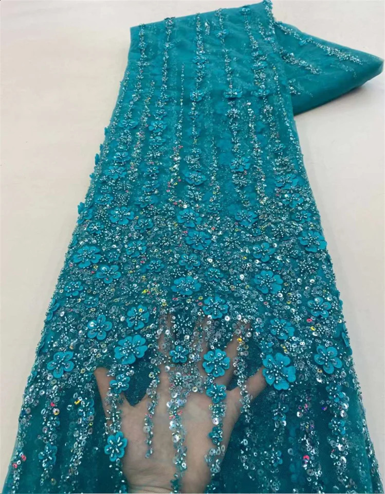 African Lace Fabric 2025 High Quality French 3D Flower Sequins Embroidery Beads Tulle Lace Fabric For Party Dress 250407
