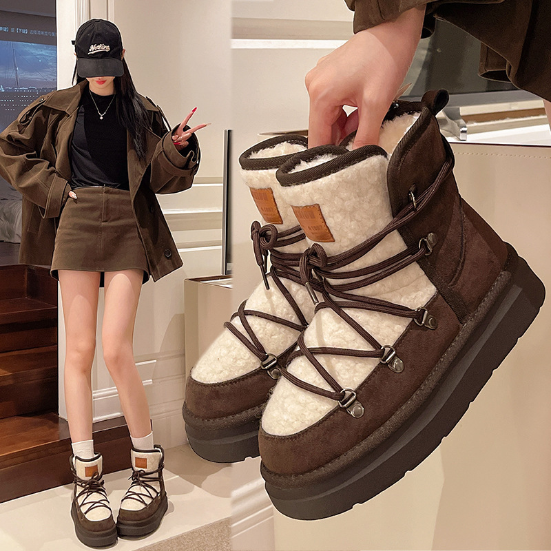 Designer Genuine Leather Thick-Soled Snow Winter Fleece-Lined Thickened Warm Cotton Shoes Non-Slip MOON Moon Boots for Women