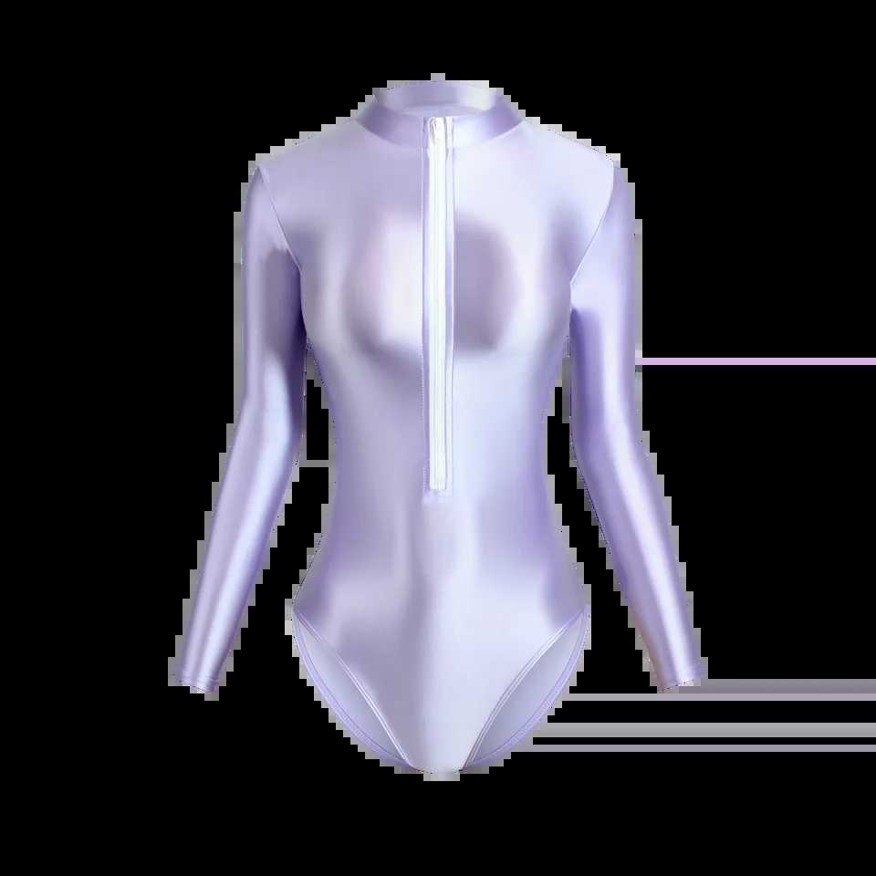 MJINM Women Satin Smooth Yoga Sports Front Zipper Bodysuits High Neck One Piece Swimsuit Oil Long Sleeve Leotards Surfing TightsW251113