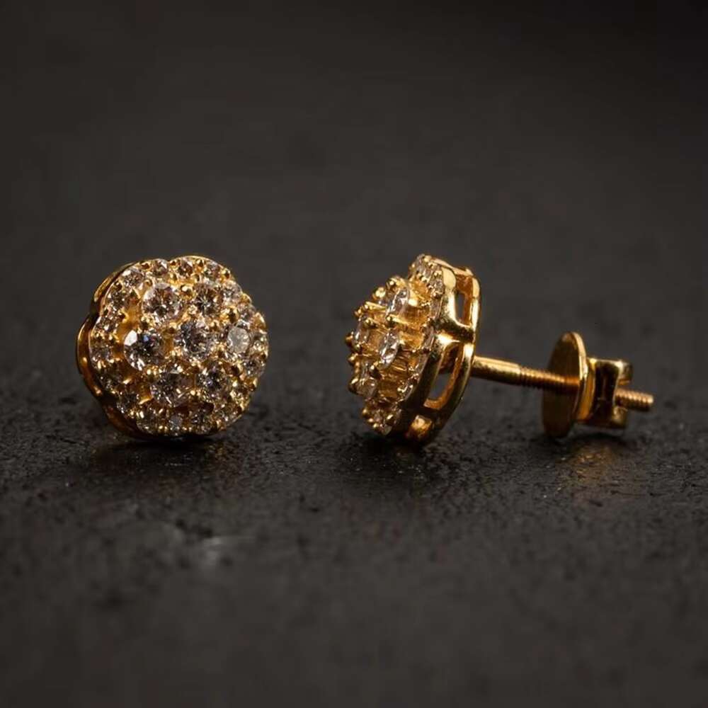 Sterling Silver Screw Back VVS Moissanite Gold Plated Flower Cluster Stud Earrings Mens Iced Out Moissanite Earrings