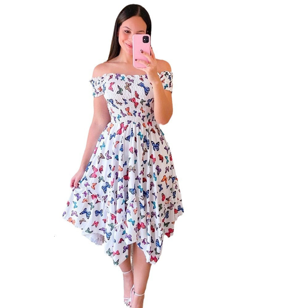 2025 One Shoulder Irregular Off Shoulder Digital Printed Medium Length Dress