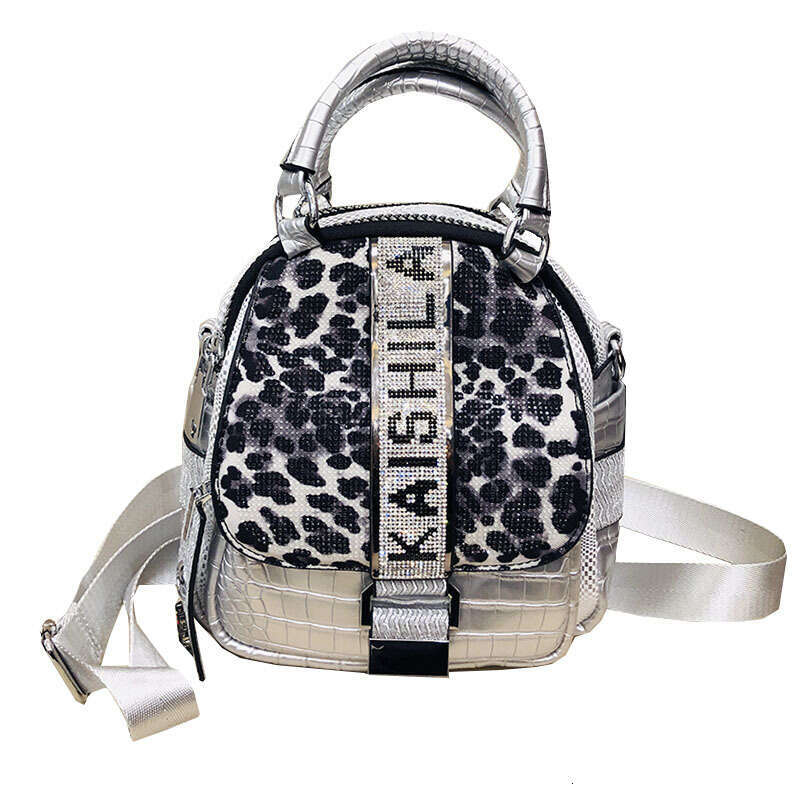 Backpack leopard print diamond inlaid small backpack for women new fashion trend soft leather handbag casual crossbody bag