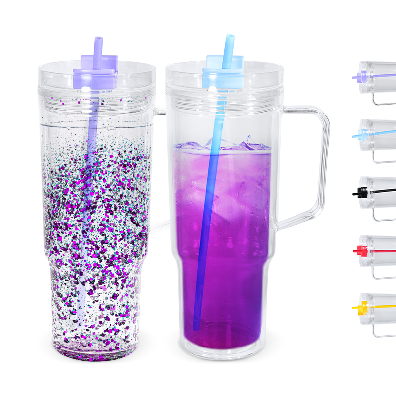40oz pre-drilled plastic snow globe tumblers with handle colored lids pluggers big capacity drinking tumblers for DIY fill glitter A1