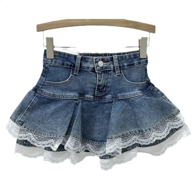 Elastic Lace Trim Denim Mini Skirt Womens A- Line Flared Cake Skirt High Waist Trendy Short Pants Autumn Collection 250407