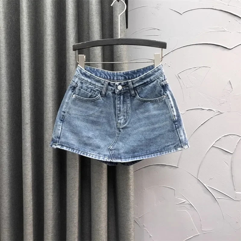 Pink High-Waisted A- Line Denim Shorts Summer Fashion Two-Piece Illusion Midbody Skirt For Women Age-Reducing 250407