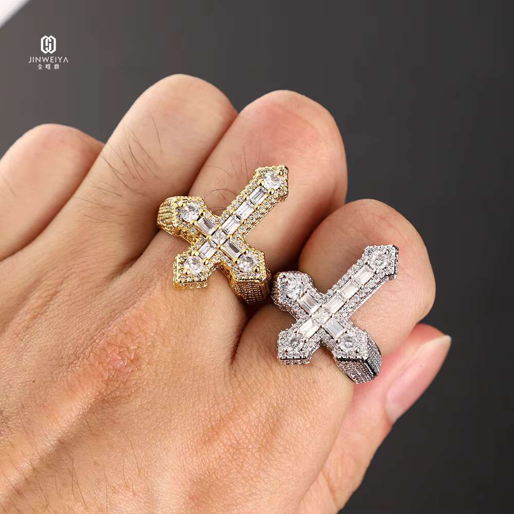 Mens Hip Hop Moissanite Cross Ring 925 Sterling Silver VVS Iced Out for Engagement Party Certified Gra Baguette