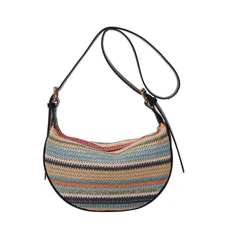 New Forest Fashion Rainbow Grass Weaving Tote for Women's Leisure, Versatile, Western and Rural Style Single Shoulder Crossbody Bag