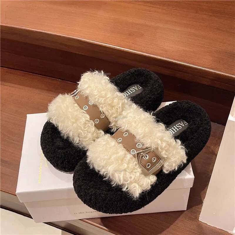 New Free Shipping Designer Shoes Premium Thick Bottom Belt Buckle Hairy For Women's Winter Outerwear 2025 Style With Skirt Teddy Plush Cotton Sli