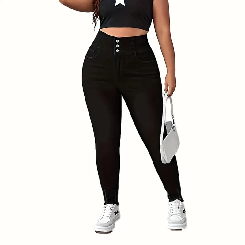 Women Plus Size Black Stretch Jeans Wide Waist Multi Button Fashion Casual Washed Denim Trousers Female Cotton Skinny Pencil Pan 250410