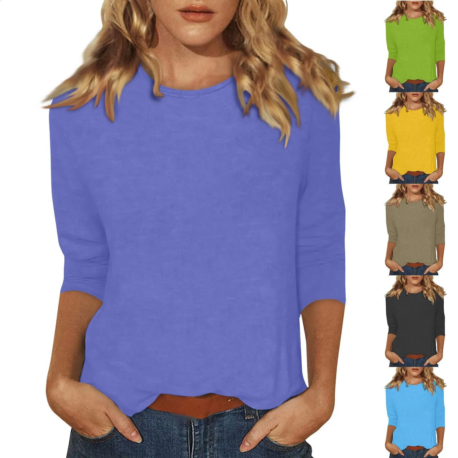 Womens Spring and Summer Top Round Neck Quarter Sleeve Solid Tshirt Loose Large Size Comfortable Soft 250407
