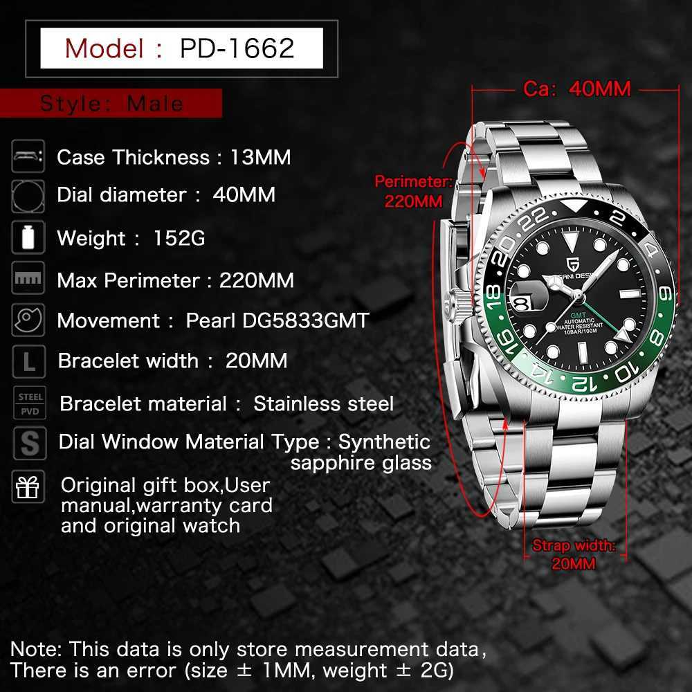 2022 PAGANI DESIGN New Business Left Crown Men Mechanical Wristwatches 100M Waterproof Sapphire Glass PD-1662 GMT Watch for Men L251113
