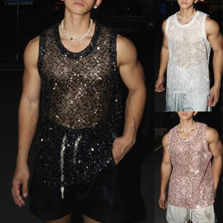 2025 Mens Casual Hollow Out Tank Tops Summer Streetwear Sleeveless Glitter Sheer Transparent Tops Sexy Mesh Muscle Vest for Men 250407