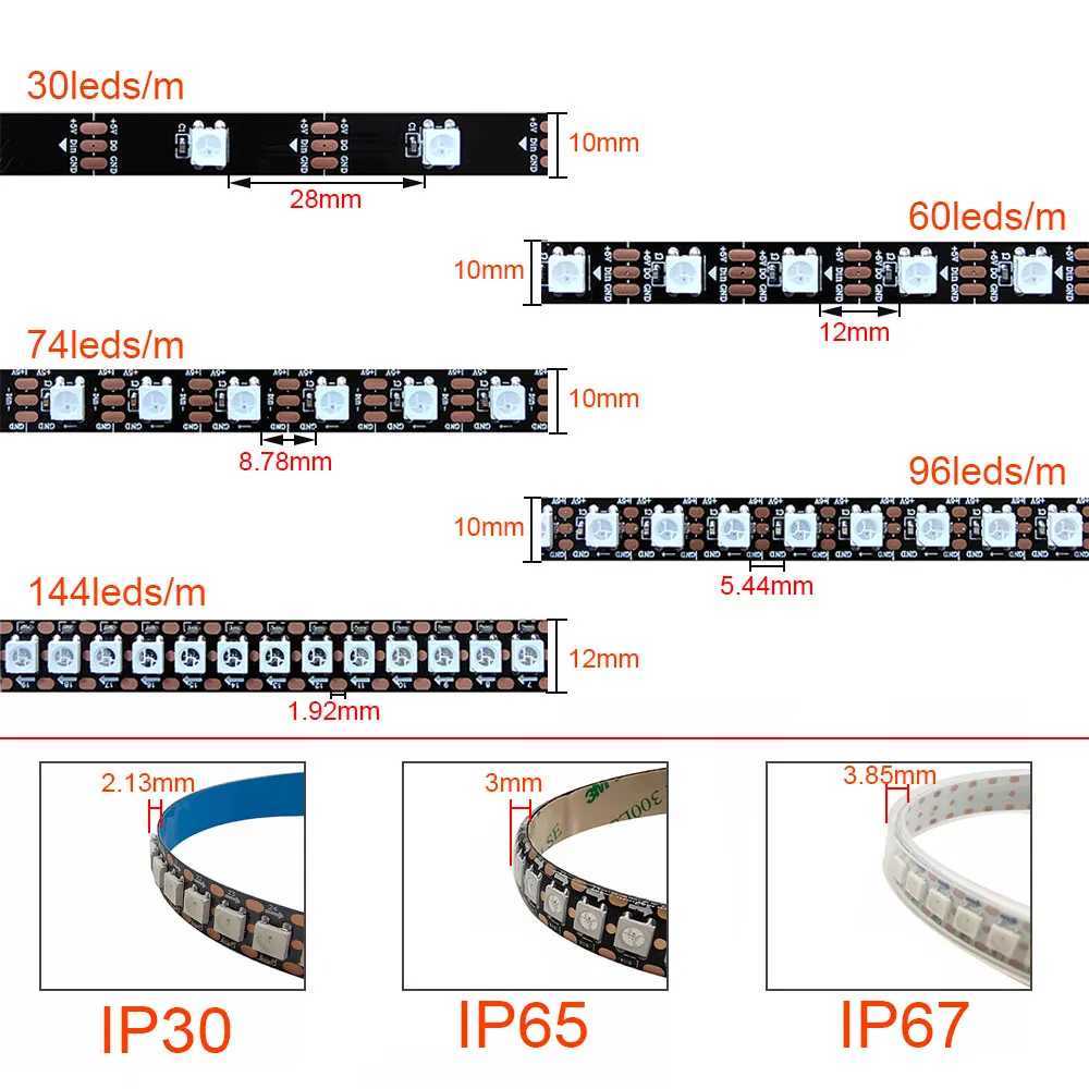 5V WS2812B WS2812 Digital Flexible Individually Addressable Pixel Led Strip RGB LED Strip 30/60/74/96/144Pixel/Leds/M Tape Light W251112