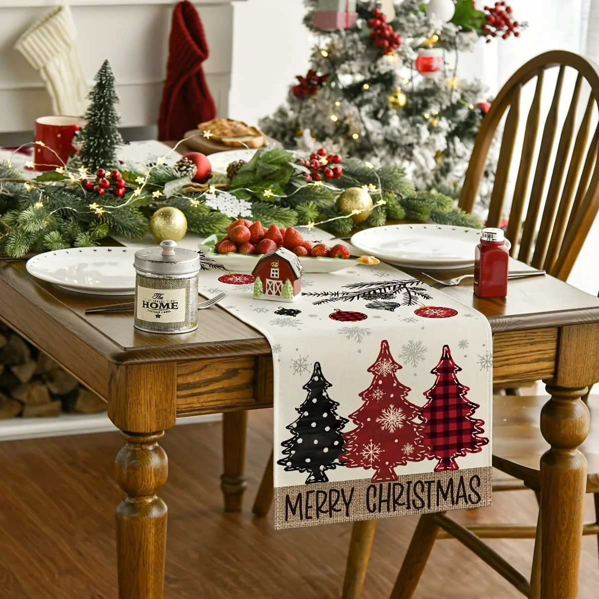 Christmas 1 Piece Merry Christmas Table Runner - Festive Dining Room Decoration with Red Pine Trees Woven Holiday Table Decoration Y251113