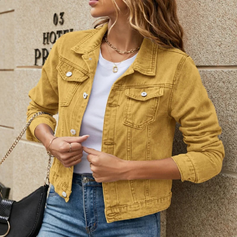 Women Autumn Denim Short Jackets Single Breasted Long Sleeve Turn-down Collar Jeans Coats 250410