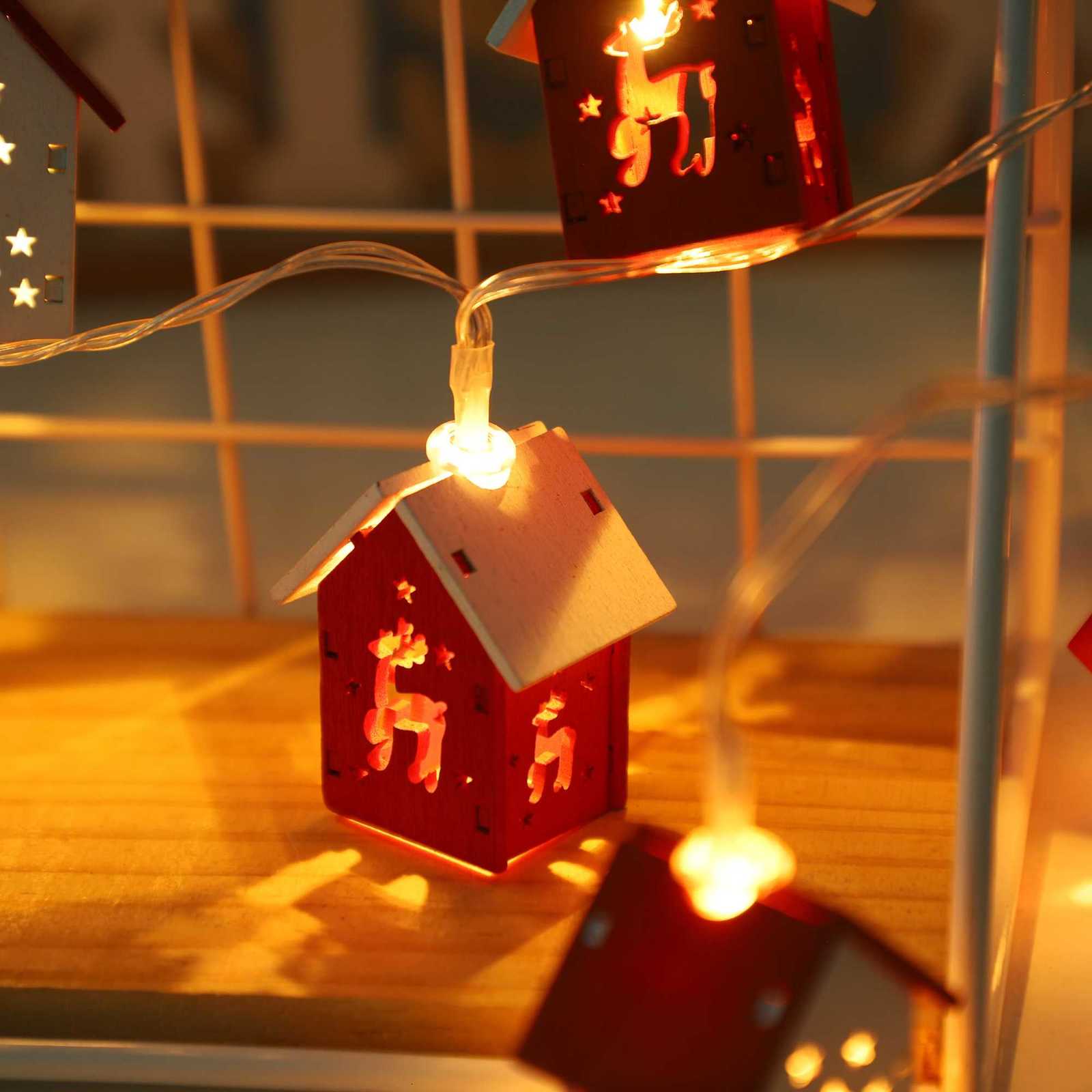 Cute Mini Christmas Wooden House Shaped String Lights Wood House LED Fairy Lamp Xmas Tree Hanging Lights for Christmas Home Noel M251113
