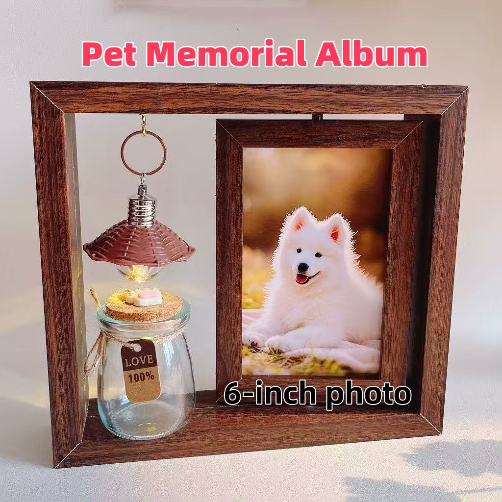 Customizable rotating pet photo frame for displaying pictures of cats and dogs, ideal for preserving fur and whiske as a keepsrsake or farewell mement