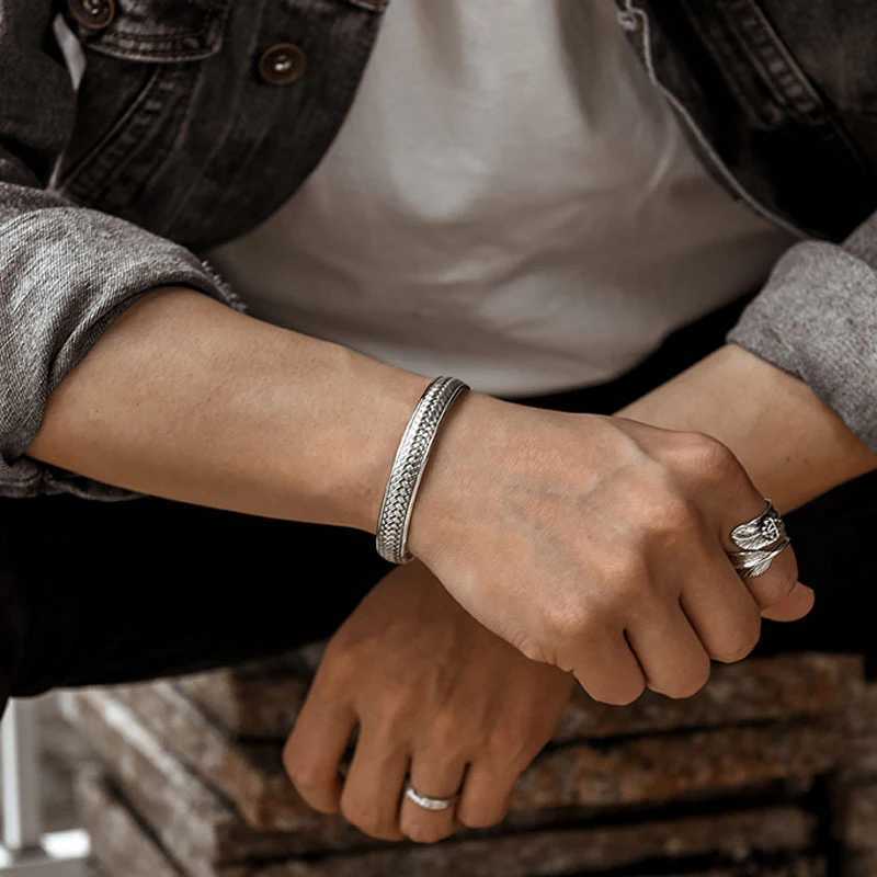 ANENJERY Wave Pattern Cuff Bracelets Bangles For Men Retro Handmade Thai Silver JewelryC250411