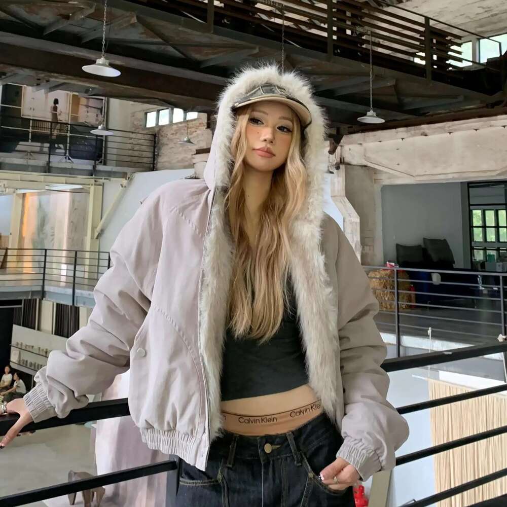 Designer Clothes American Fashion Furry Collar Retro Trend Loose Zipper Street Haruku Hip Hop Hooded Jacket