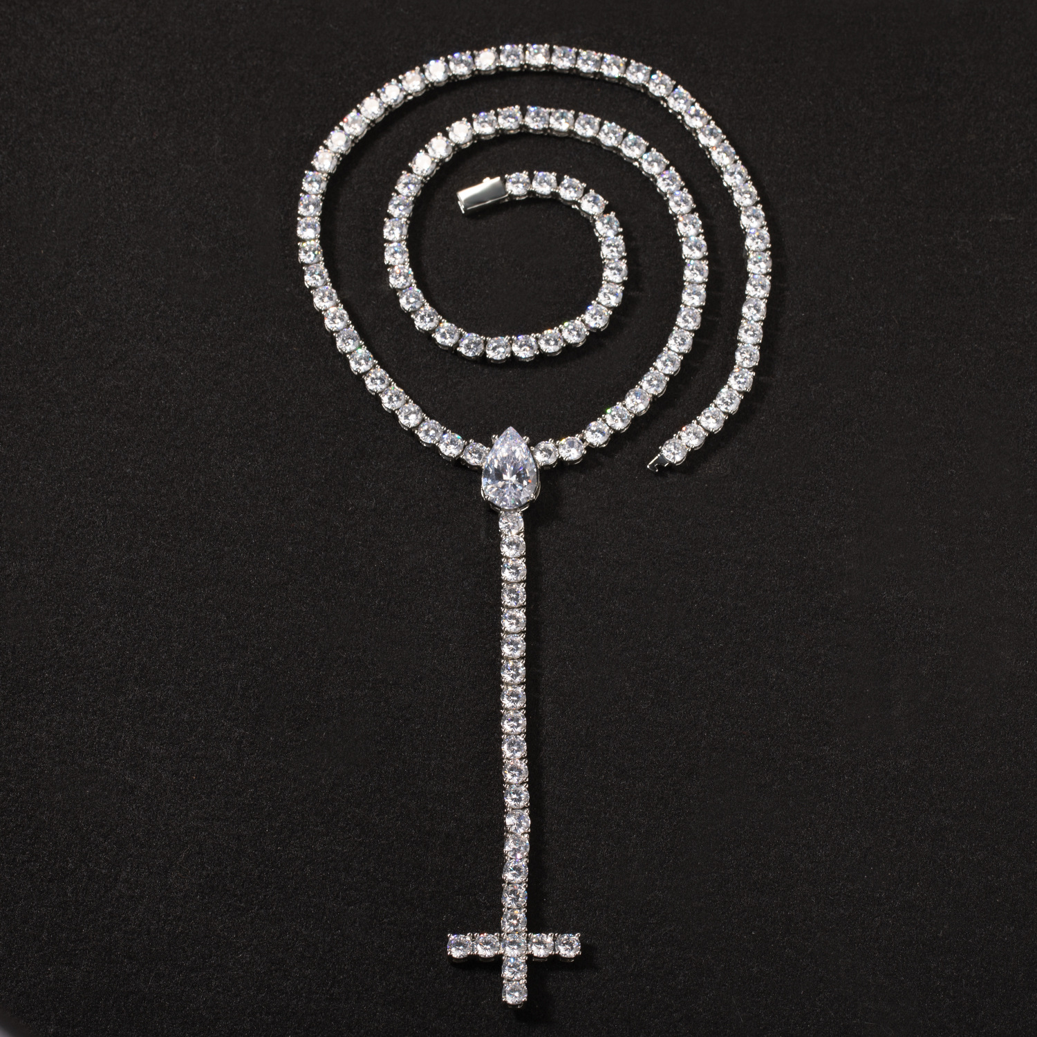 Hip Hop Long Cross Pendant Necklace 5mm Tennis Chain 5A Zircons Choke Chain Religious Jewelry