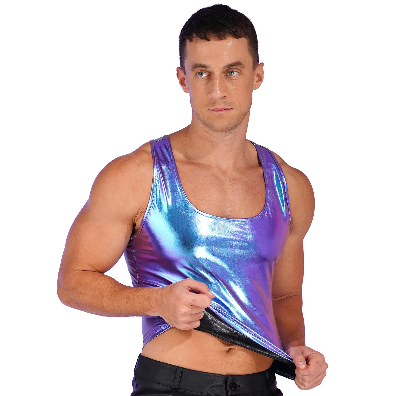 Men Metallic Tank Top Sleeveless Racer Back Dance Shirts Solid Color Slim Fit Vest Undershirt Nightclub Party Clubwear 250407