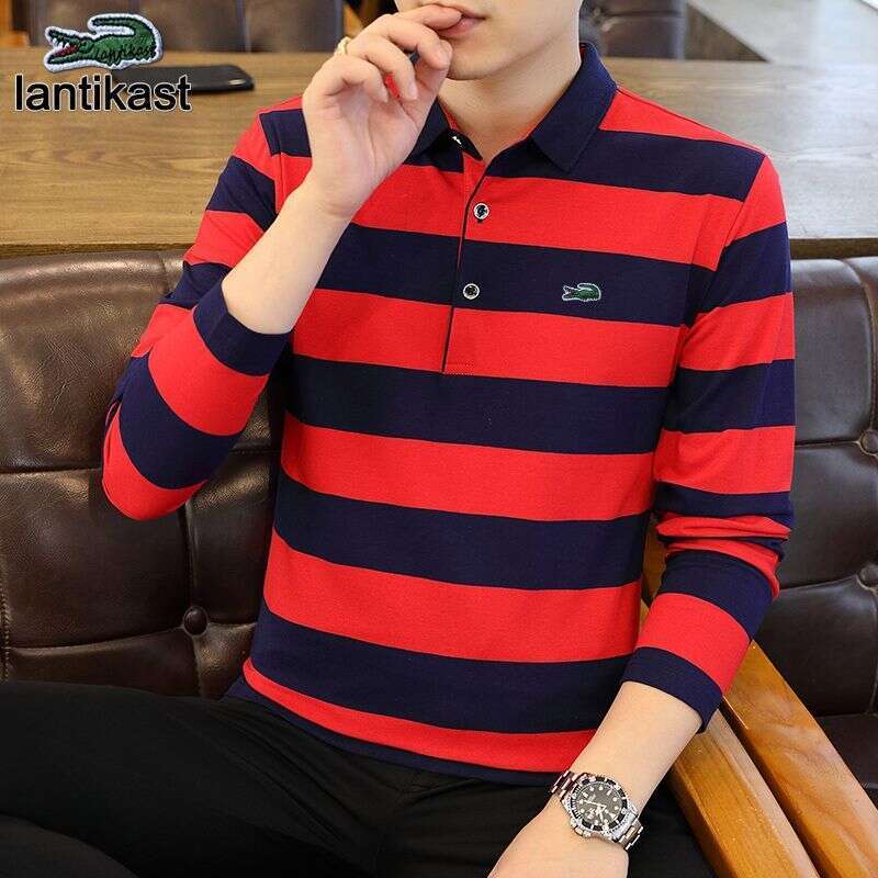 Noble Crocodile Pure Cotton designer Striped Long Sleeve T-Shirt Turn-Down Collar Men's Polo Base Middle-Aged Dad's Autumn Shirt