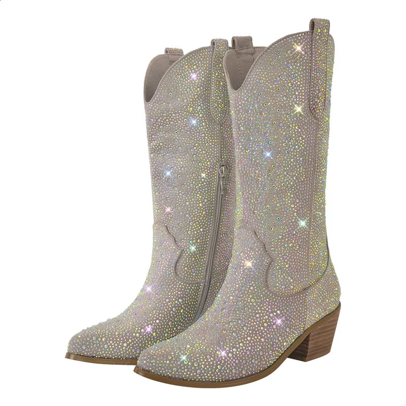 Onlymaker Women Side Zipper Knee High Boots Rhinestone Booties Glitter Bling Shiny Western Pointed Toe Block Heel Cowgirl Boot 250411
