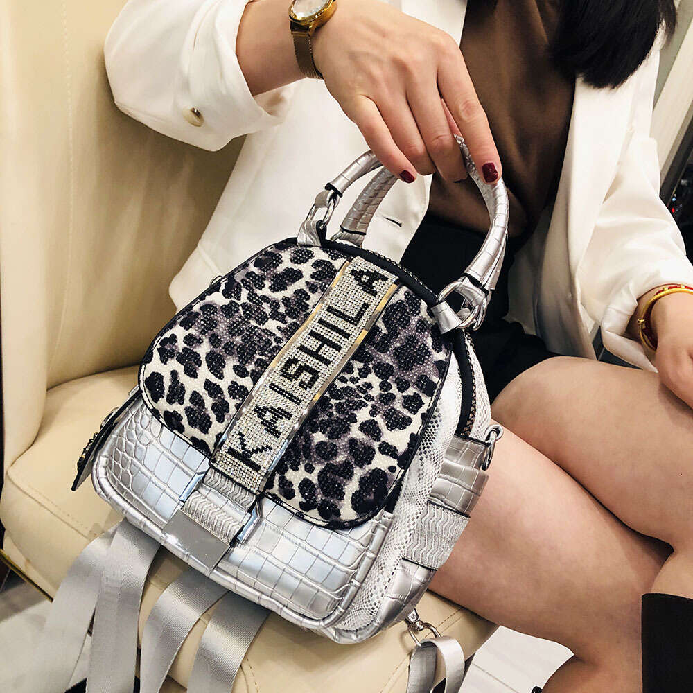 Backpack leopard print diamond inlaid small backpack for women new fashion trend soft leather handbag casual crossbody bag