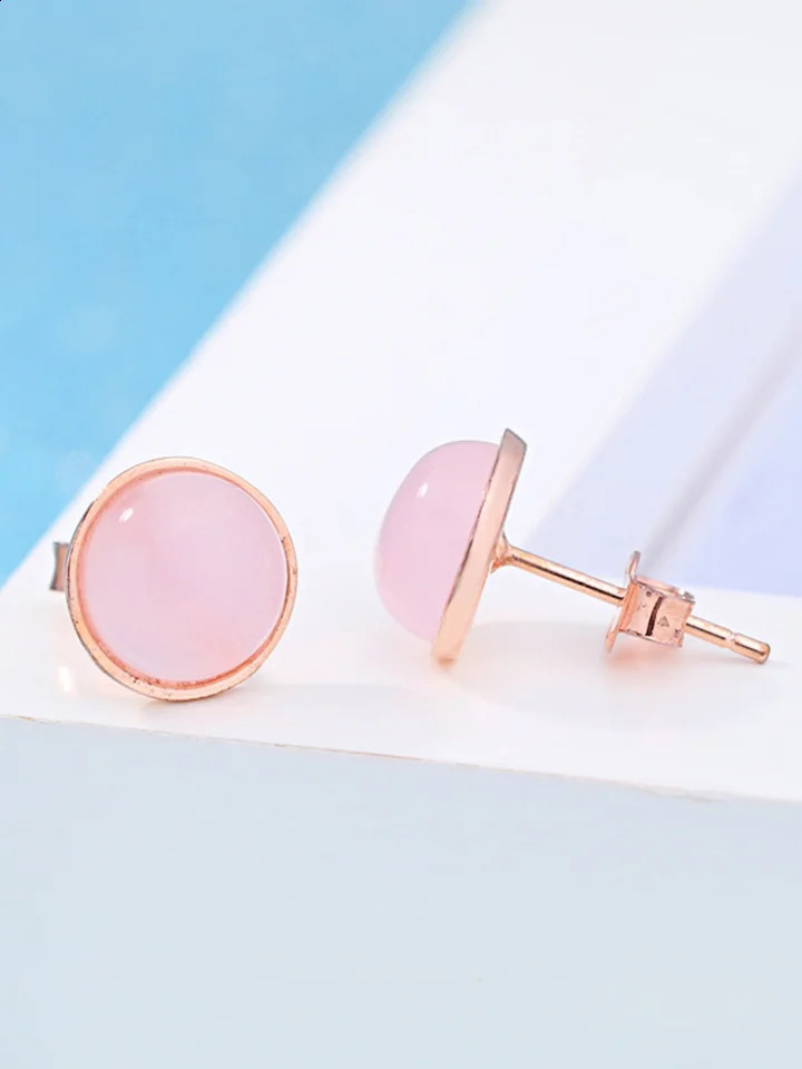 Wholesale Fashion Jewelry Crystal Pink Natural Plush Stone Rose Quartz 925 Pure Silver Round Stud Earrings 250409