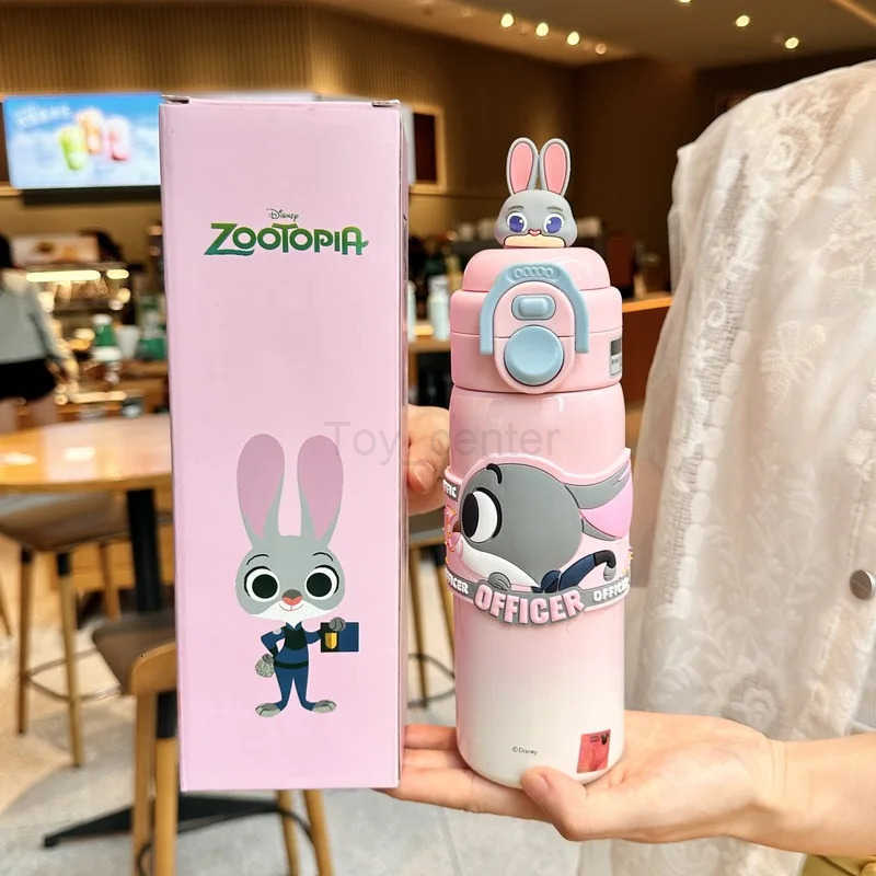 Disney 500ml Zootopia Nick Judy Hopps Thermos Multi Functional Dual-Drinking Straw Cup Stitch Lotso Anime Peripherals Fun Gifts H251203
