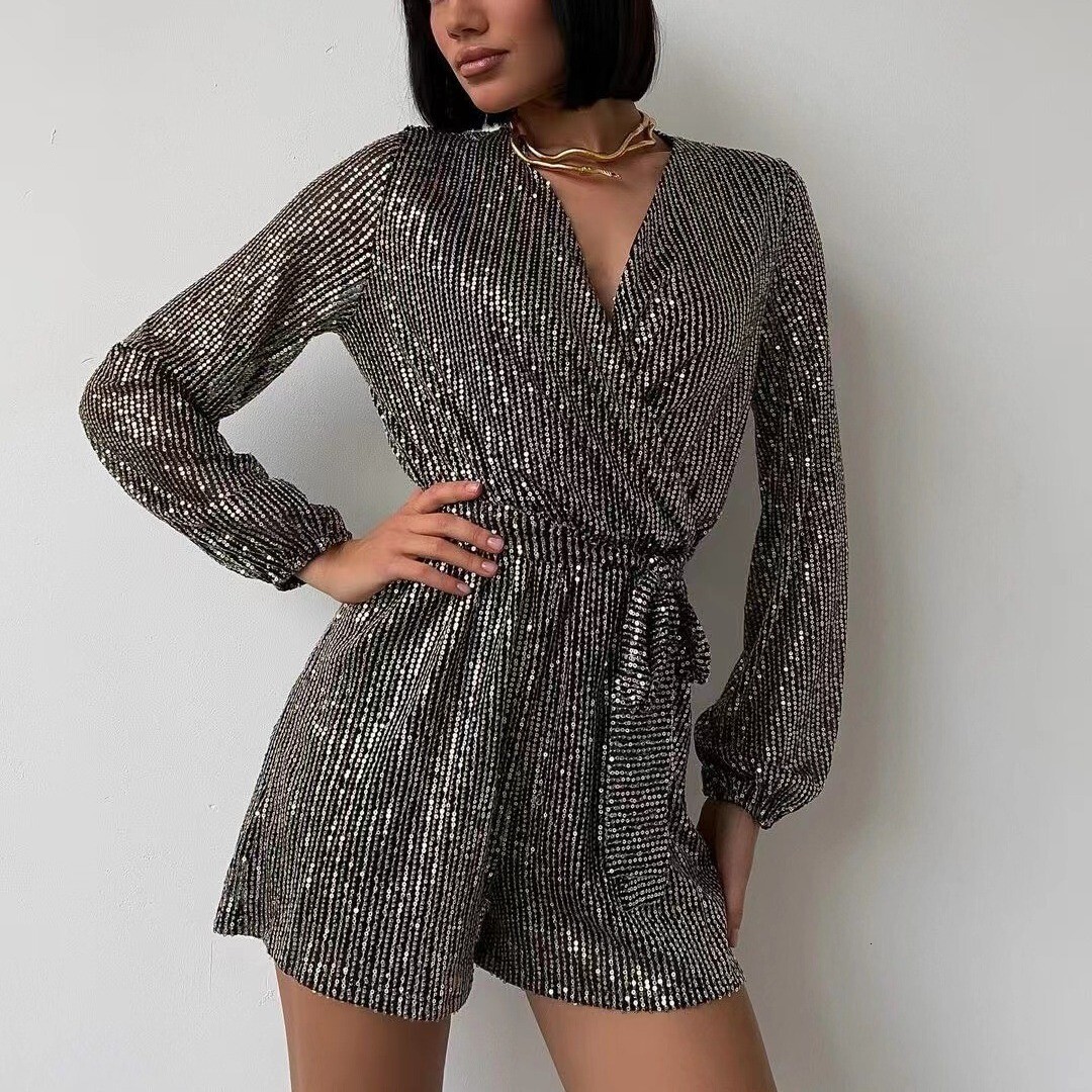 2025 New Party Fashion Sequin Long Sleeved Dress Jumpsuit Shorts