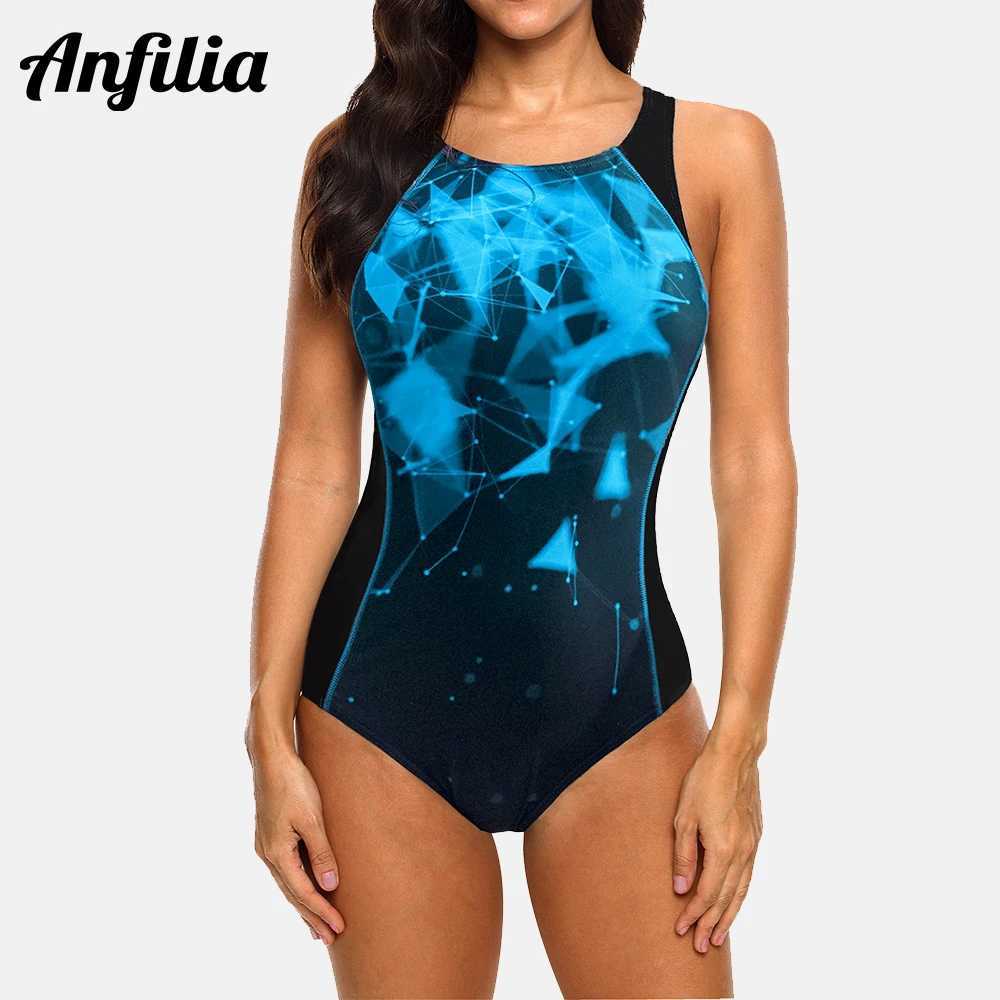 Anfilia One Piece Women Sports Swimwear Backless Triangle Conservative Print Swimsuit Patchwork Beach Wear Bathing SuitW251113