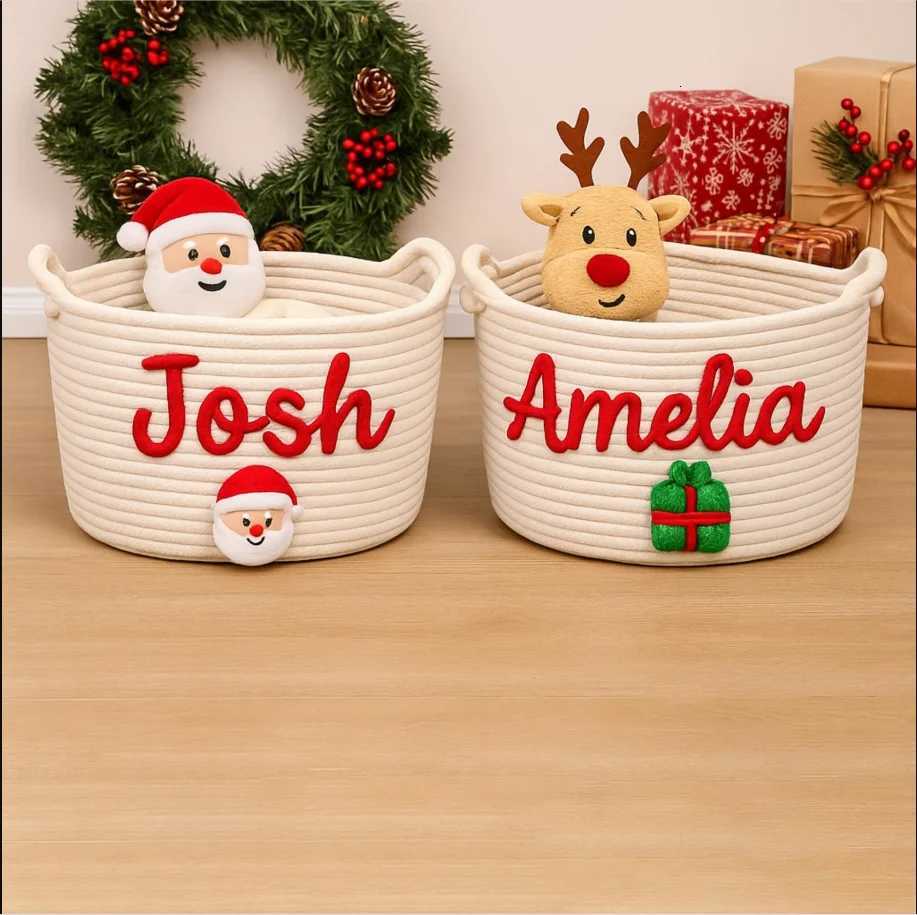 Cust Christmas Gift Basket Baby Name Storage Bin Personali Cotton Rope Xmas Basket Holiday Decor Newborn Gift Baby Shower Y251112